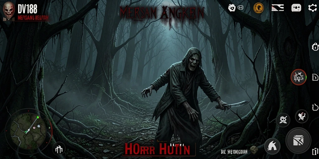 Antarmuka game DV188 menampilkan suasana hutan yang gelap dan mencekam.